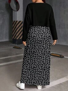 SHEIN Essnce 2 件套大码女式花卉印花圆领长袖 T 恤和细肩带连衣裙，休闲度假装，秋冬 - 彩色 - 查看 2