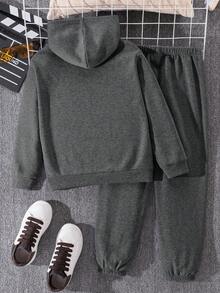 SHEIN 2 件套青少年男孩服装套装：连帽运动衫和慢跑裤，经济实用，适合上学、通勤、休闲、运动 - 深灰色 - 查看 2