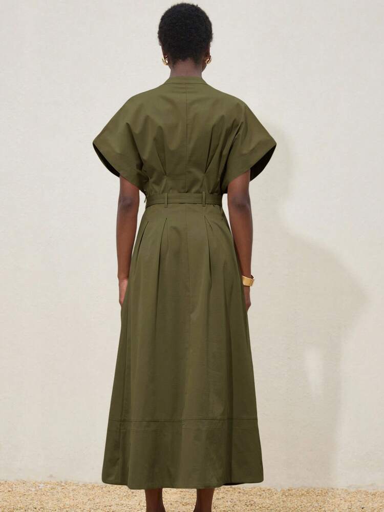 Aveloria Frievida Robe élégante pour le travail et les sorties, design de luxe avec encolure en V, épaules dénudées, taille cintrée, plis et ceinture - Militaire verte - Voir 2