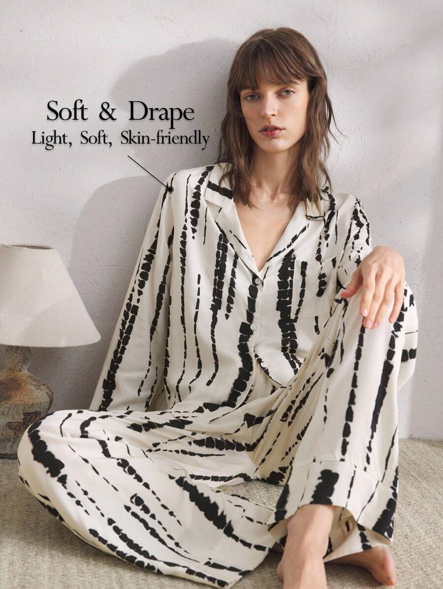 Ocili 舒适简约条纹女士睡衣套装，秋冬服装 - 黑與白 - 查看 1