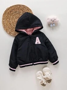 SHEIN Baby Girls Cute Versatile Black Thermal Lined Hoodie Jacket, Autumn/Winter Fall - Black - View 4