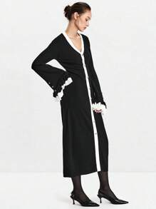 SHEIN Luminelle Váy len tay loe phối màu thanh lịch dành cho người đi làm - màu đen - Xem 4