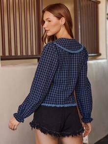 WESTFADE Gingham Ruffle Collar Button Front Fitted Long Sleeve Shirt Cute Fall Tops For Women Country Concert - Royal Blue - View 2