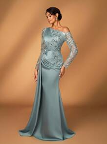 Serin Elegantes, luxuriöses, besticktes Spitzen-Pailletten-Patchwork-Kleid aus elastischem Satin-Chiffon mit Langarm und Schlitz an der Seite, geeignet für Hochzeit, Party, Urlaub, Abschlussball, Abendrobe, Brautmutter