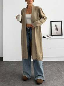 EURMUSE 女士纯色落肩长袖口袋休闲长款开衫 - 米色 - 查看 4