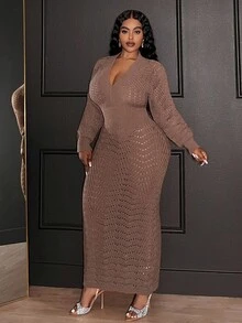 Slaydiva Nuevo vestido de punto maxi elegante de manga larga con cuello en V profundo, cinturón y ajuste ceñido en color marrón sólido para uso en ocasiones formales, fiestas nocturnas y uso casual, tallas grandes, vestido marrón para mujer, vestidos de mujer de otoño e invierno, vestido maxi ajustado de manga larga elegante, vestido maxi de malla elegante, conjunto elegante de 2 piezas, vestido Slay Diva - Marrón - Ver 7