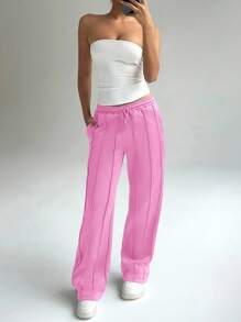 FavEase Casual Solid Color Drawstring Waist Straight-Legged Shorts Graduation,Back To School Outfits,Graduation,Teacher Outfits For Women,Back To School Fall Cloth For Women - Pink - View 5