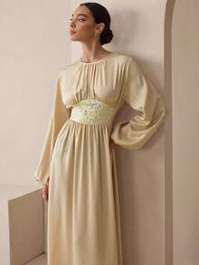 Graceveil 秋季编织拼布柔和色芦苇黄优雅教师长裙