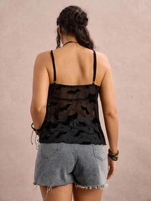 SHEIN VCAY 加大码纯色透视胸部抽绳时尚吊带背心和背心 - 黑色 - 查看 2