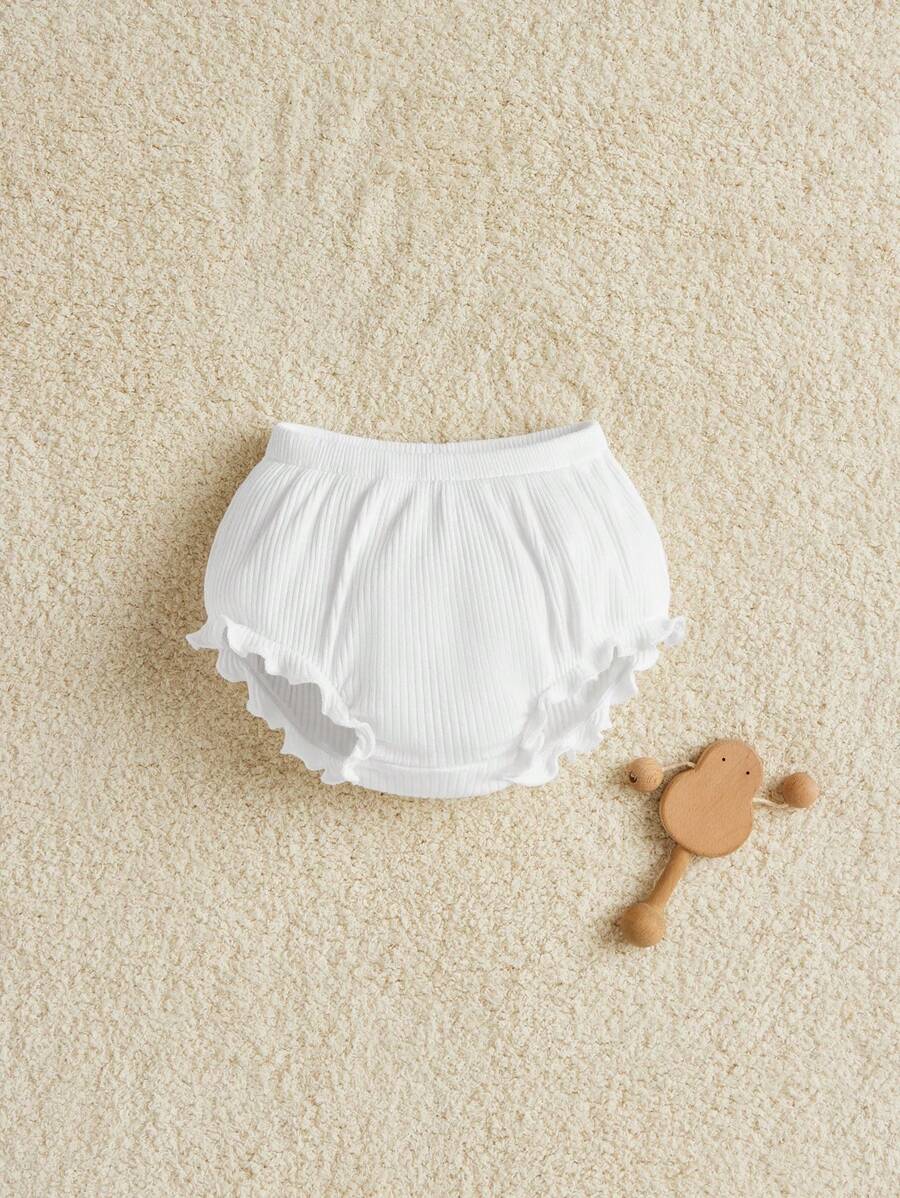 SHEIN Newborn Baby Unisex Elastic Waist Pleated Ruffle Hem Bottoms Fall - White - View 1