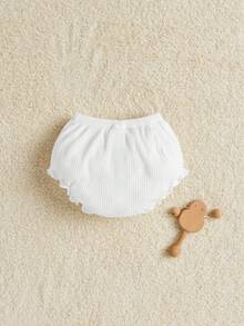SHEIN Newborn Baby Unisex Elastic Waist Pleated Ruffle Hem Bottoms Fall - White - View 2