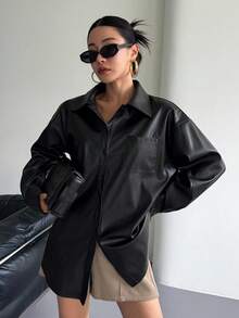 DAZY 女士休闲宽松领长袖口袋PU皮夹克，街头风，秋冬皮夹克 - 黑色 - 查看 3