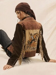 Easelle Áo khoác da lộn tua rua đinh tán cổ điển dành cho nữ - Nhiều màu - Xem 11