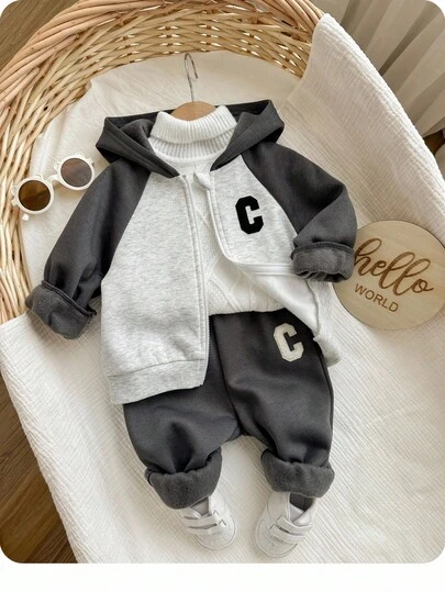 Conjunto de sudadera con capucha de punto parche y pantalones de cintura elástica casual para bebé niño, adecuado para otoño/invierno