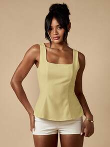 MISSGUIDED Square Neck Peplum Top Sleeveless Fitted Waist Summer Blouse Casual Evening Party Office Business Professional Wear Classic Elegant Fashion Formal Top For Women - Beige - View 8