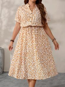 SHEIN Tall CURVE 大码时尚新款V领短袖连衣裙 - 白色 - 查看 5