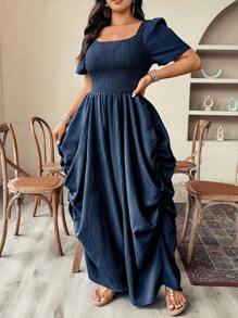 Weeklong Plus Size Women's Holiday Vacation Style Woven Loose Boat Neck Short Sleeve Jumpsuit - Navy Blue - View 1