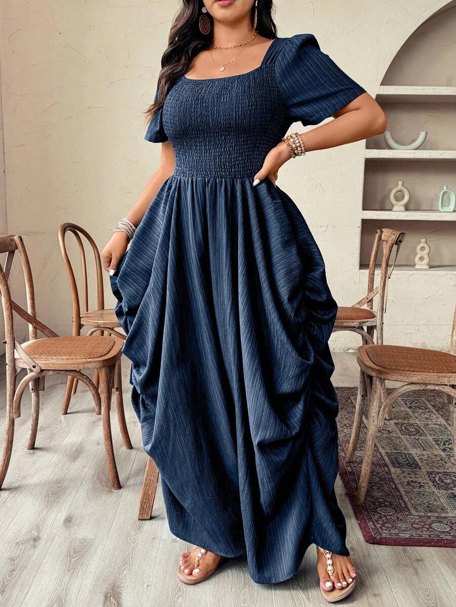 Weeklong Plus Size Women's Holiday Vacation Style Woven Loose Boat Neck Short Sleeve Jumpsuit - Navy Blue - View 1