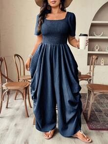 Weeklong Plus Size Women's Holiday Vacation Style Woven Loose Boat Neck Short Sleeve Jumpsuit - Navy Blue - View 7