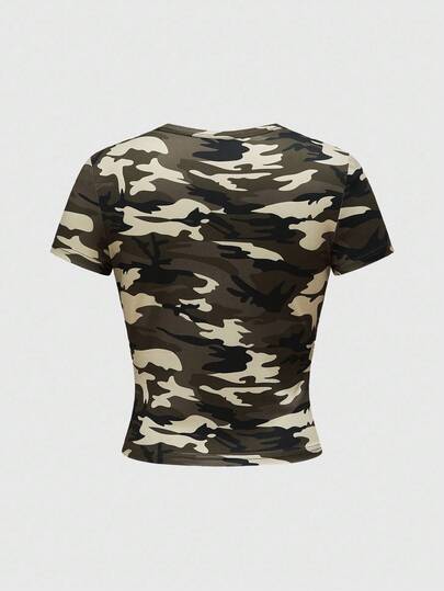 ROMWE Avant T-shirt moulant pour femmes avec imprimé camouflage, cœur de squelette, rose et strass, style Y2K Baddie Abby, pour Halloween