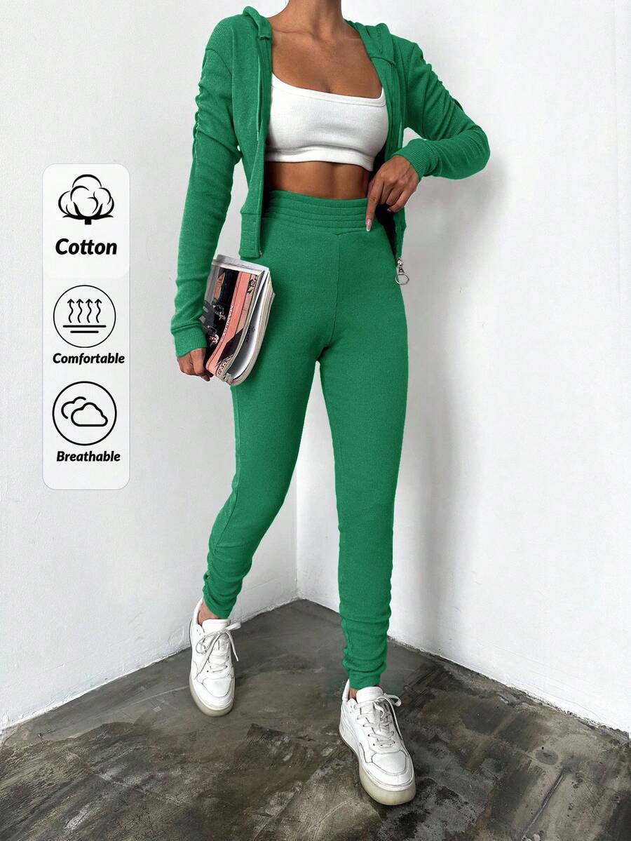 EURMUSE Zip Up Drawstring Hoodie & Leggings - Green - View 1