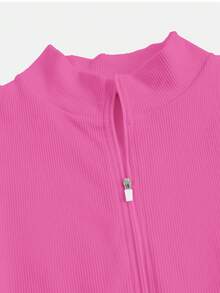 Ribbed Knit Jumpsuit With Half Zip - Fuchsia Pink - View 6