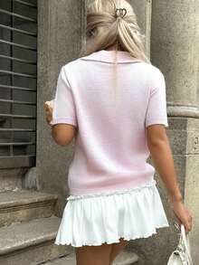 INAWLY Women's Solid Color Polo Collar Loose Casual Knit Top - Pink - View 2