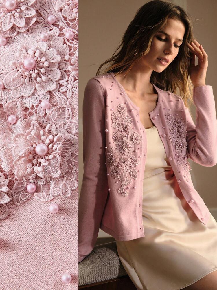 EMBROIDERY & FAUX PEARL DETAIL CARDIGAN KNIT PULLOVER FALL WINTER SWEATER