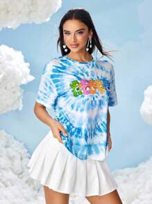 SHEIN X Care Bears 女士休闲扎染熊印花圆领短袖T恤，夏季 - 藍色 - 查看 4