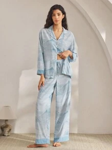 Ocili Comfortable Natural Geometric Mountain Texture Pattern Loose Long Sleeve Top & Pants Women Pajama Set Lounge Sets For Women Sleepwear, Fall Winter Clothes - Blue - View 2