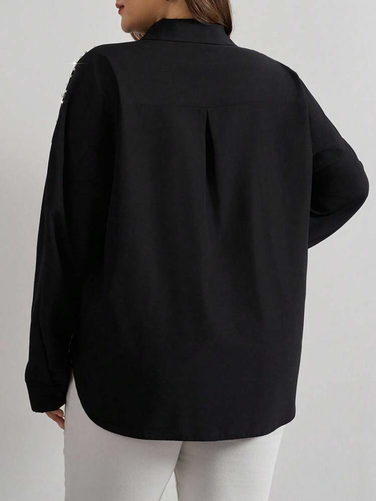 RueChic Cottnline Pearls Beaded Drop Shoulder Shirt - Black - View 2