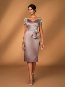 Serin Elegant Luxurious Off Shoulder Bow Embroidered Pearl Lace Applique Mid-Length Dress, Suitable For Evening Party, Date, Music Festival, Prom, Holiday, Wedding, Bridal Mother Dress - Champagne - View 7