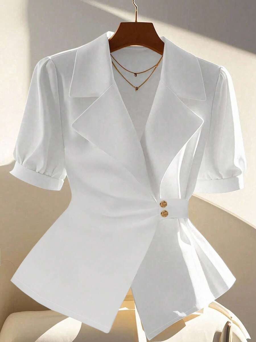 SHEIN Clasi 女士纯色翻领短袖褶皱优雅衬衫，夏季 - 白色 - 查看 1