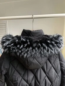 SHEIN Teens' Padded Coat, Hooded With Fur Collar, Diamond Pattern Cuffs And Hem, Suitable For Play And Back To School, Winter Fall