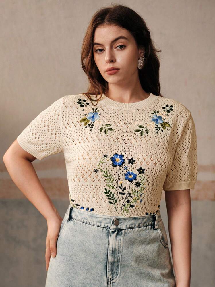 Anewsta Premium Vintage Embroidered Crew Neck Short Sleeve T-Shirt - Apricot - View 5