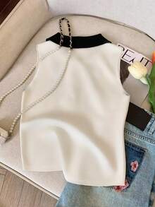 SHEIN Women's Minimalist & Fashionable Polo Neck Tank Top, Suitable For Summer - White - View 2