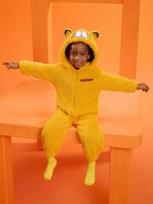 GARFIELD | SHEIN Young Boy Cute 3D Ear Cartoon Embroidery Hooded Long Sleeve Plush Yellow Pajamas Jumpsuit