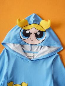 THE POWERPUFF GIRLS X SHEIN 可爱蓝色小女孩泡泡人物印花3D耳朵连帽连衣裙COS服装，适合秋冬季、万圣节、生日派对 - 藍色 - 查看 3