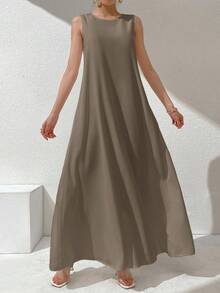 Al Najma Women's Solid Color Round Neck Elegant Sleeveless Arabic Dress