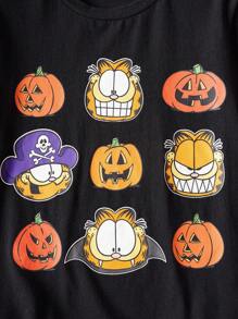 GARFIELD | SHEIN 青少年男孩卡通万圣节南瓜网格图案针织圆领短袖 T 恤 - 黑色 - 查看 4