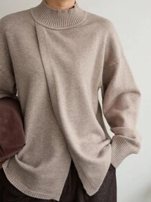 Dazy-Less 女士宽松商务休闲不对称领套头毛衣，纯色简约基本款上衣，秋冬 - 駝色 - 查看 7