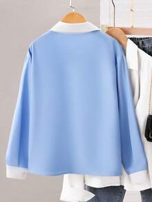 1 件女童翻领长袖纽扣条纹衬衫，正面绣有图案，秋季休闲衬衫 - 彩色 - 查看 2