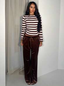 Glamine Suéter elegante de mujer con rayas y contraste de color, adecuado para usar como capa base u prenda exterior, Parte superior a rayas marrón de otoño/invierno para uso casual de mujer, Camisa a rayas marrón y blanca de moda de otoño