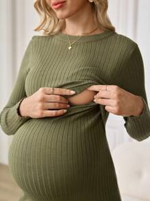 SHEIN 保守風鼠尾草綠孕婦哺乳洋裝,長袖修身羅紋針織休閒孕婦洋裝,適合秋冬冬季 - 綠色 - 查看 7
