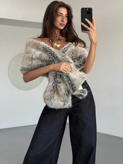 Aloruh Women's Elegant Elegant Luxury Faux Fur Coat, Fall Winter Gradient Color Fake Fur Cape Coat Party Dinner Banquet Date