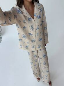 Aloruh 新款印花轻薄上衣长裤睡衣套装，舒适透气，适合夏季穿着，宽松长袖家居服，也可户外穿着，秋冬季服装。 - 藍色 - 查看 2