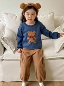 Genkimix Kids Conjunto de pantalones de chándal de forro polar con aplicación de oso estilo coreano para niña joven - Azul - Ver 4