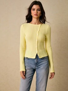 Poéselle Women's Casual Solid Color Front Button T-Shirt,Fall Tops,Winter Tops,Business Casual Woman,Office Outfits For Women,Old Money Style Women,Classy Outfits For Women, Fall Clothes For Women,Winter Clothes For Women - Yellow - View 5