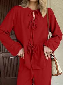 EURMUSE WOMEN TWO PIECES OUTFIT WITH TIE KNOT DETAILED - Red - View 5