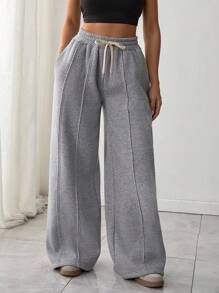 RueChic Women Wide Leg Comfortable Sweatpant With Drawstring And Pocket - Light Grey - View 3